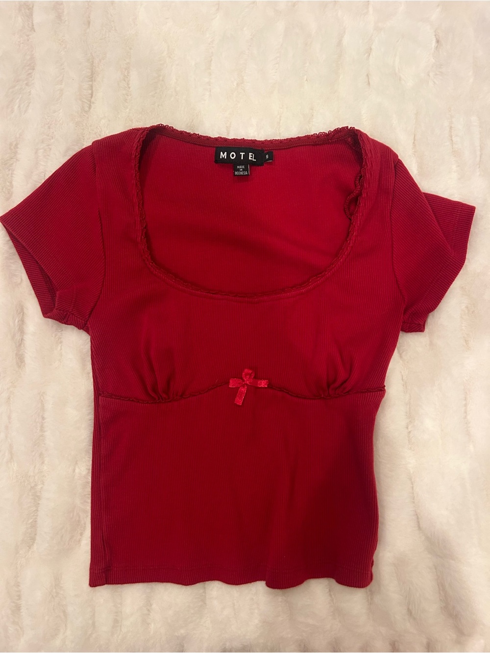 Motel Rocks Red Ribbed Scoop-Neck Tee with Bow